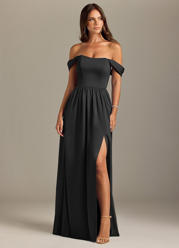 Azazie Calianna Bridesmaid Dresses Black A-Line Off the Shoulder Stretch Satin Convertible Dress image1