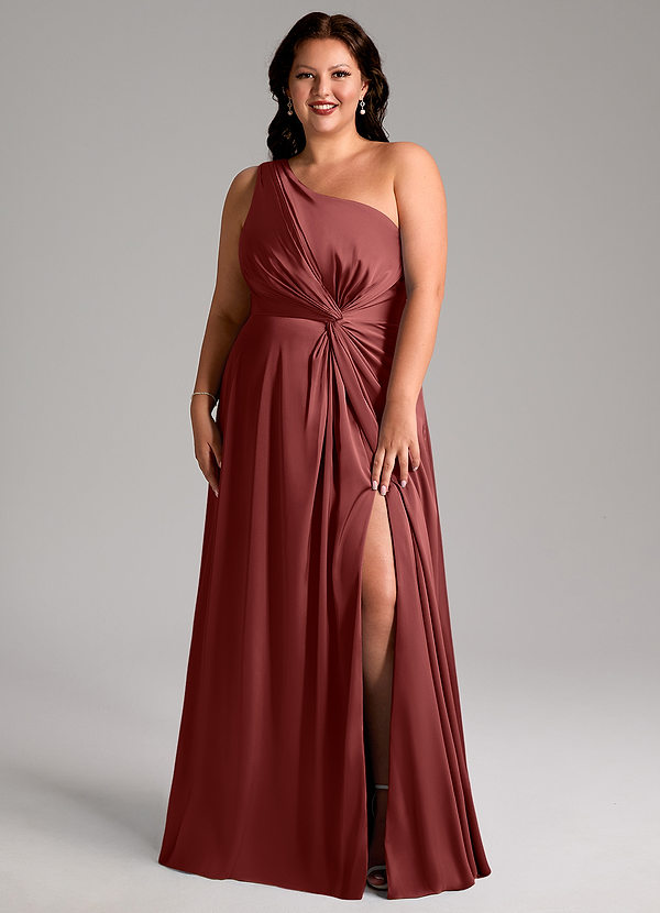 Azazie Brooke Robes de demoiselle d'honneur Robe Trapèze en Satin extensible Asymétrique Terracotta image1