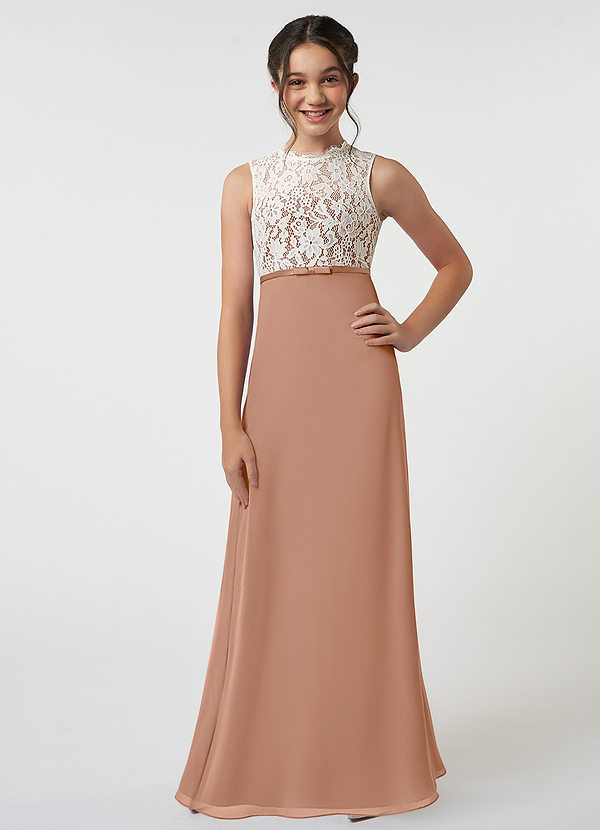 Azazie Rana Junior A-Linie Spitze Chiffon Kleid Champagner Rosa image1