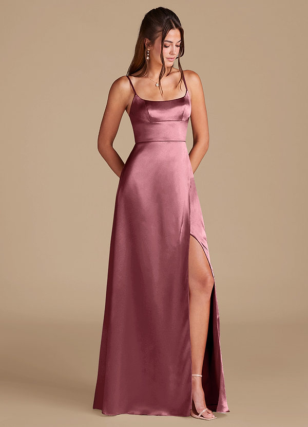 Azazie Halsey Bridesmaid Dresses Desert Rose A-Line Side Slit Metallic Satin Dress image1