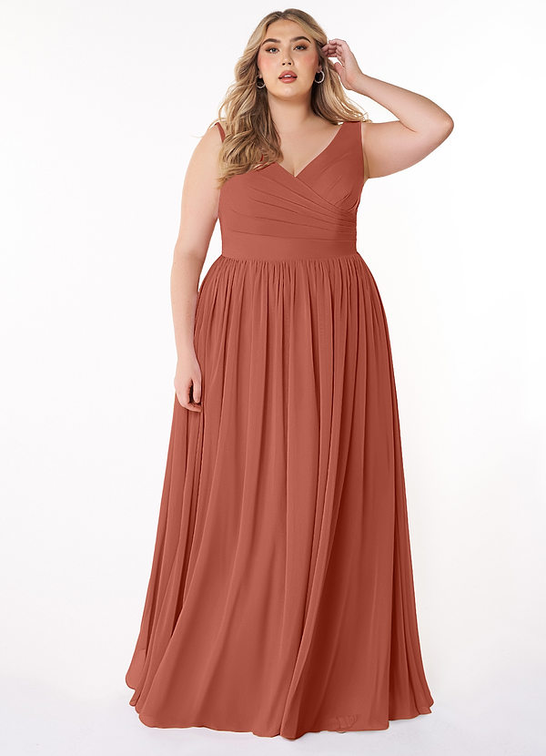 Azazie Keyla Bridesmaid Dresses Clay A-Line V-Neck Pleated Chiffon Dress image1
