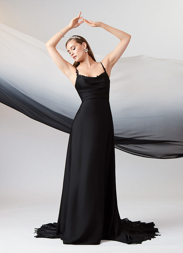 Azazie Sable Wedding Dresses Black A-Line Lace Stretch Satin Dress image1