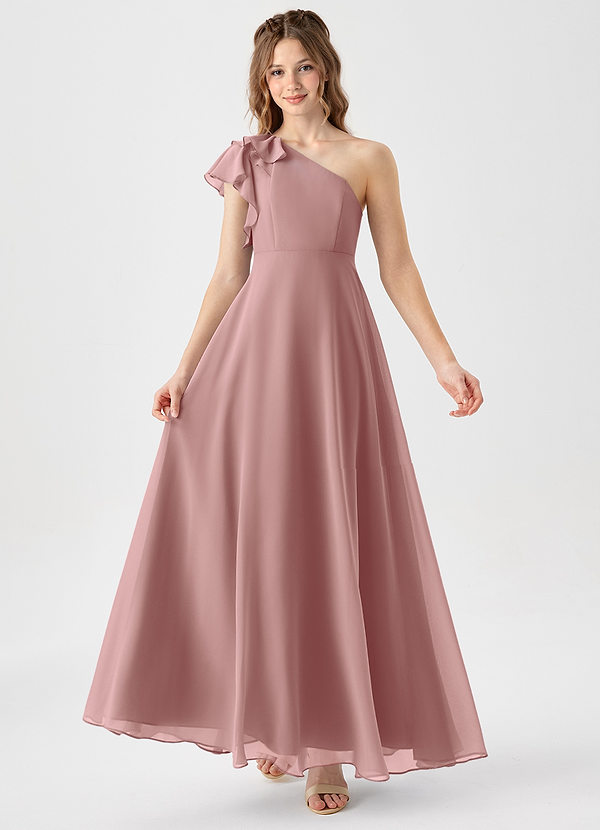 Azazie Arabella Junior Robe Trapèze en Mousseline de soie Drapé Rose Poussiéreuse image1
