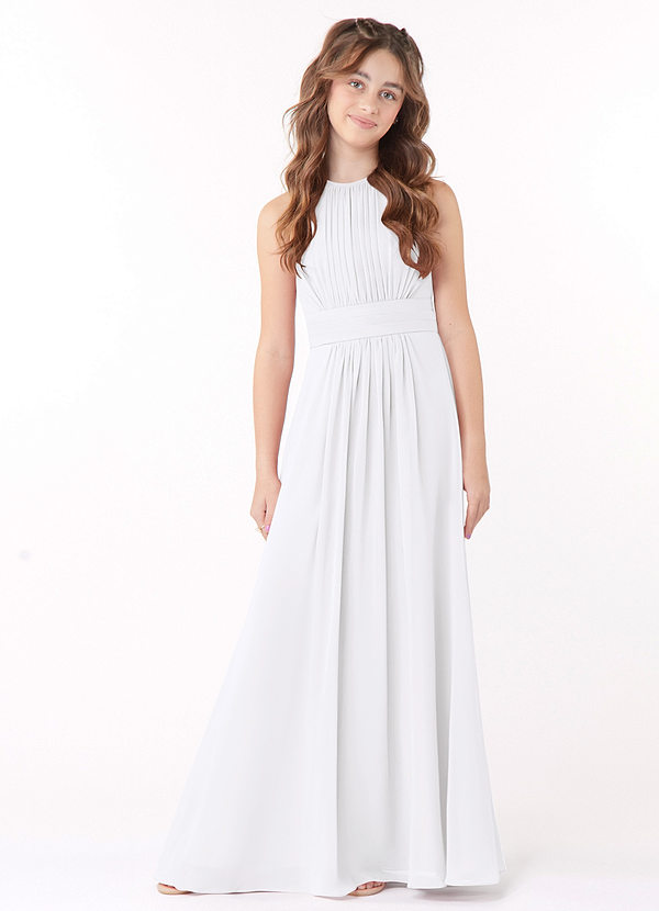 Azazie Bonnie Junior White A-Line Pleated Chiffon Dress image1