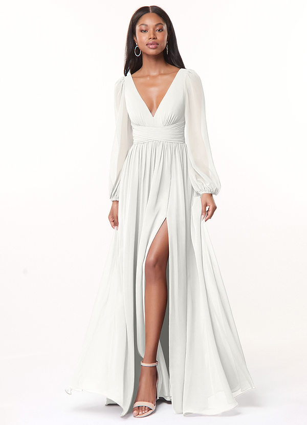 Azazie Norah Abiti da Damigella Abito A-Line in Chiffon con Maniche lunghe e Scollo a V Bianco image1