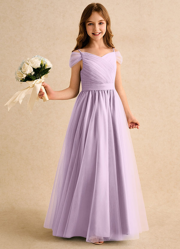 Azazie Yuna Girls Formal Abiti da Ragazza di Fiori Abito A-Line in Tulle a Spalla Scoperta Lilla Glassato image1