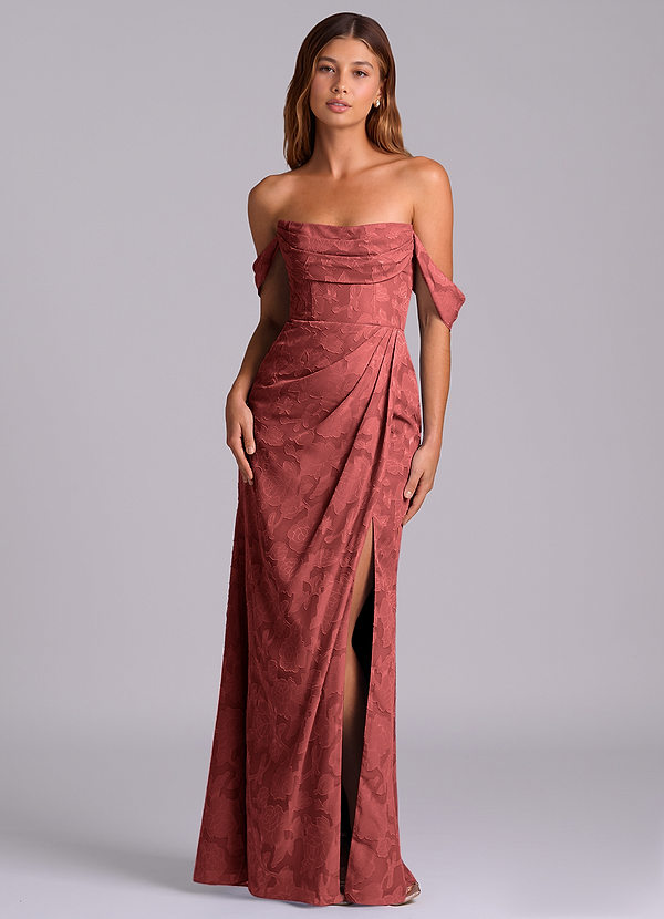 Azazie Johana Robes de demoiselle d'honneur Robe Sirène Convertible en Blumen-Burnout Épaules dénudées Terracotta image1