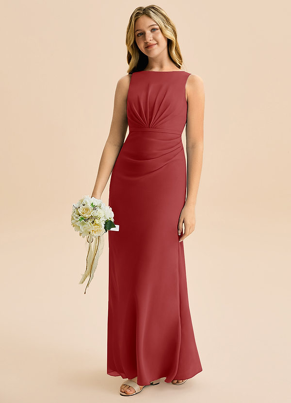 Azazie Floris Junior Robe Trapèze en Mousseline de soie Plissée Rouille image1