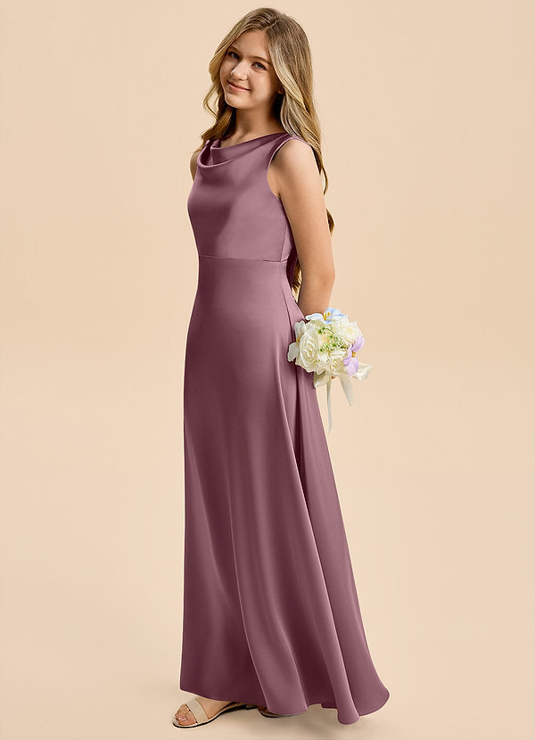 Azazie Kiki Junior Amethyst A-Line Bow Stretch Satin Dress image1