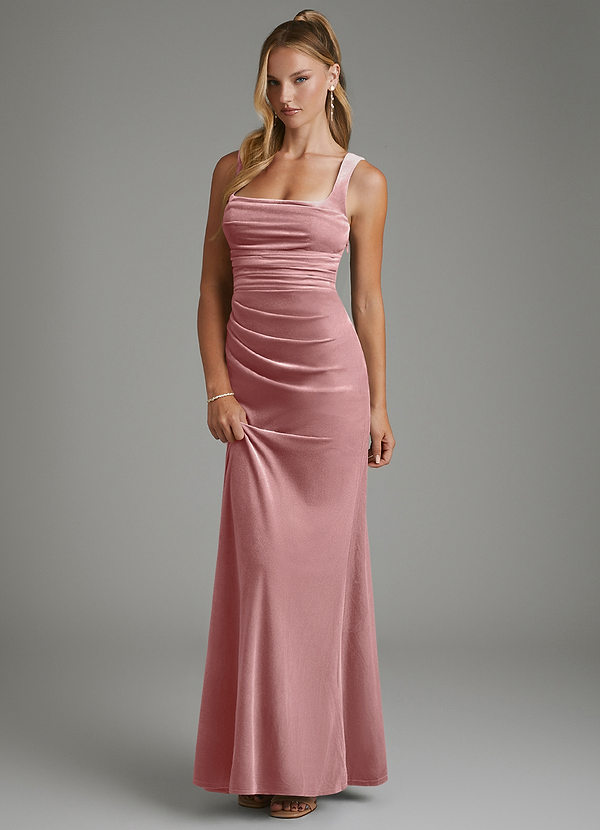 Azazie Agustina Abiti da Damigella Abito Sirena in Velluto Corsetto Rosa Polverosa image1