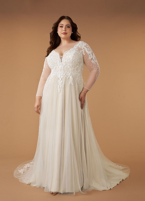 Azazie Essy Robe de Mariée Robe Trapèze en Tulle Col V à paillettes Diamant Blanc Champagne image1