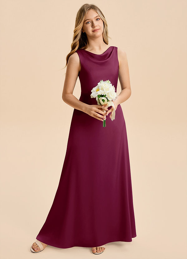 Azazie Kiki Junior Mulberry A-Line Bow Stretch Satin Dress image1