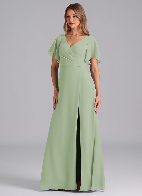 Azazie Ambrosia Robes Demoiselle d'honneur Robe Trapèze en Mousseline de soie Plissée Vert Sauge image1