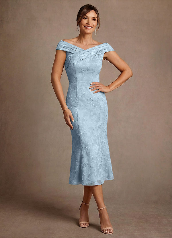 Azazie Keith Mother of the Brides Dresses Sky Blue Sheath Pleated Floral Burnout Dress image1