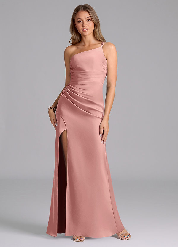 Azazie Eren Vestidos de Dama de Honor Vestido Roseta de Cetim elástico de sereia com Ombro Único image1