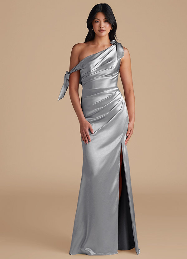 Azazie Xyla Bridesmaid Dresses Silver Sheath Off the Shoulder Metallic Satin Convertible Dress image1