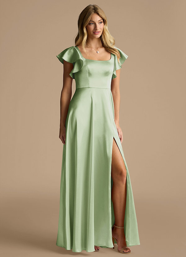 Azazie Bondi Bridesmaid Dresses Dusty Sage A-Line Bow Metallic Satin Dress image1