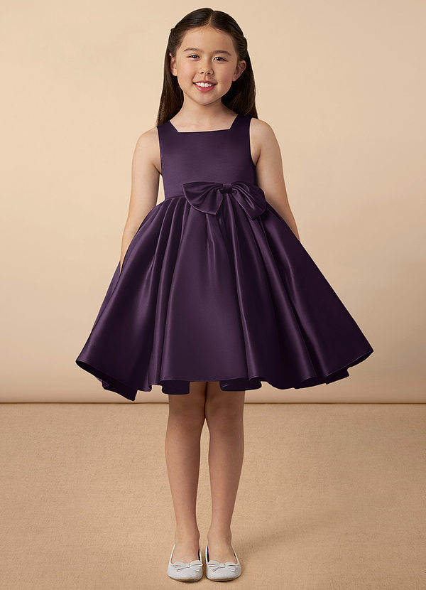 Azazie Bo Peep Flower Girl Dresses Plum A-Line Bow Matte Satin Dress image1