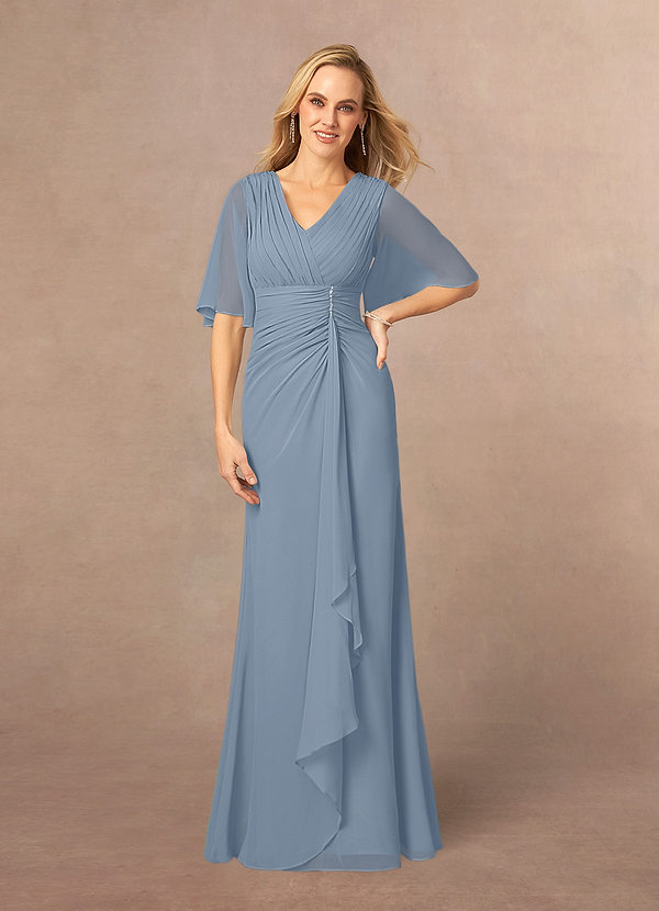 Azazie Carson Mother of the Brides Dresses Dusty Blue A-Line V-Neck Lace Chiffon Dress image1