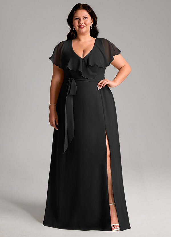 Azazie Lainey Bridesmaid Dresses Black A-Line with Pockets Chiffon Dress image1
