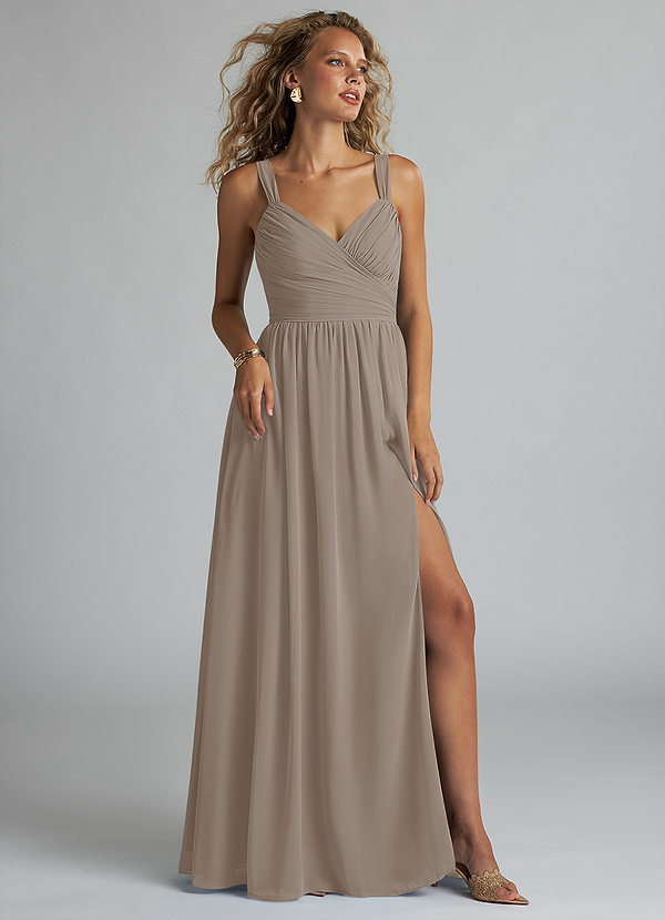 Azazie Aziza Bridesmaid Dresses Taupe A-Line V-Neck Pleated Chiffon Dress image1