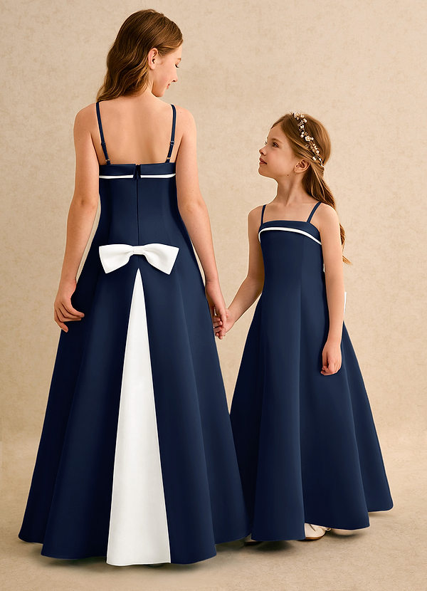 Azazie Izel Girls Formal Flower Girl Dresses Ivory Dark Navy A-Line Pleated Matte Satin Dress image1