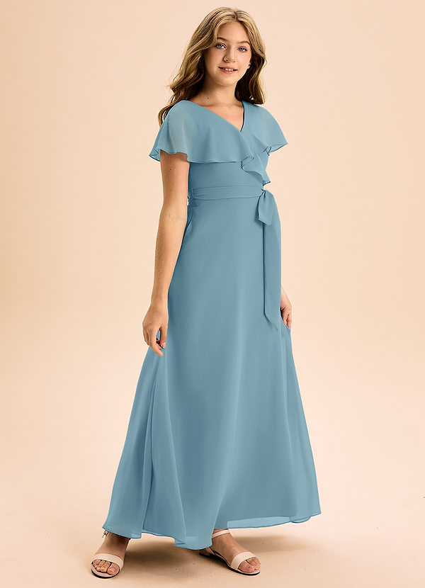 Azazie Lainey Junior Abito A-Line in Chiffon Con Tasche Blu Lunatico image1