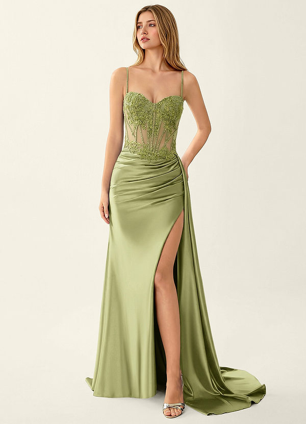 Celestianora Green Corset Stretch Satin Mermaid High Slit Prom Dress image1