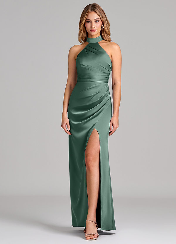 Azazie Karlotta Abiti da Damigella Abito Tubino in Raso Elasticizzato Plissettato Eucalipto image1