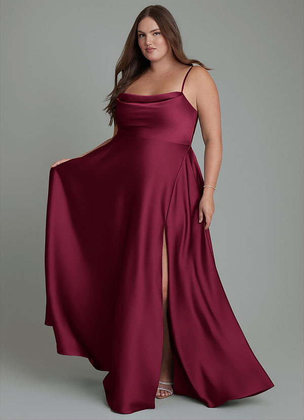 Azazie Elle Bridesmaid Dresses Burgundy A-Line Pleated Stretch Satin Dress image1