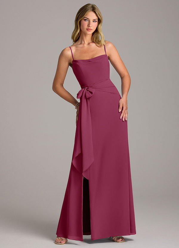 Azazie Tahlia Bridesmaid Dresses Mulberry A-Line with Belt Chiffon Dress image1