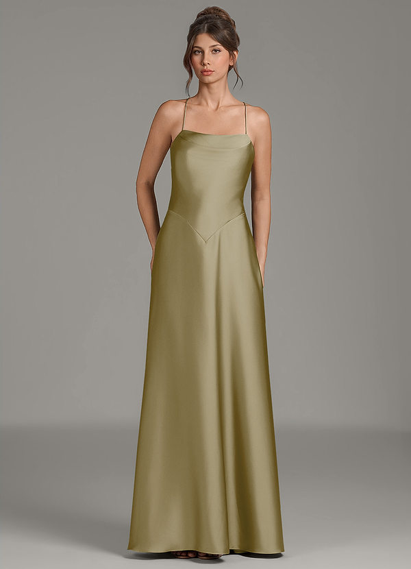 Azazie Eris Robes de demoiselle d'honneur Robe Trapèze en Satin extensible Plissée Vert Mousse image1