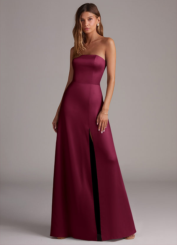 Azazie Wren Vestidos de dama de honor Vestido Borgoña de Satén Elástico de Línea A Convertible con Palabra de honor image1