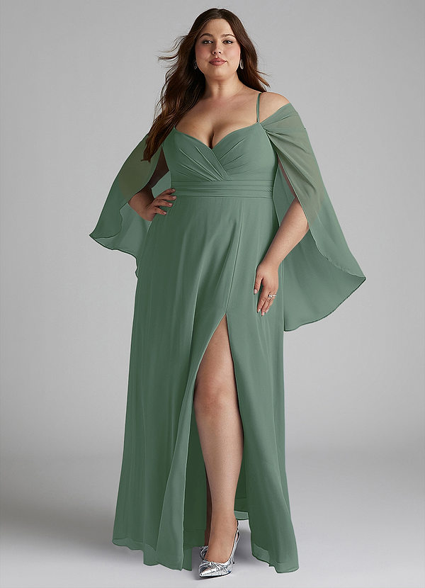 Azazie Cienna Robes Demoiselle d'honneur Robe Trapèze en Mousseline de soie Épaule décolletée Eucalyptus image1