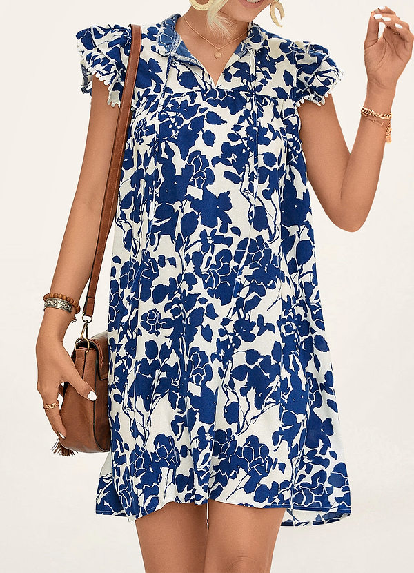 Watercolor Floral Print Ruffled Sleeve V-neck Mini Dress