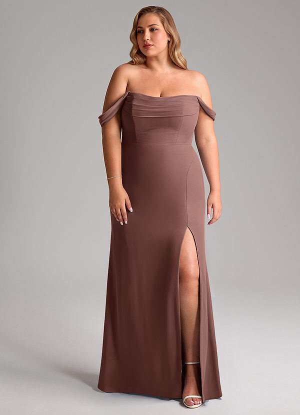 Azazie Saige Bruidsmeisjes Jurken Converteerbaar Jurk van Chiffon met A-Lijn Off the Shoulder Espresso image1