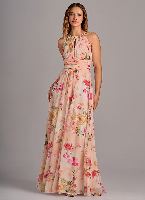 Azazie Bonnie Bridesmaid Dresses Abstract Bouquet Floral A-Line Keyhole Ruched Chiffon Dress image1