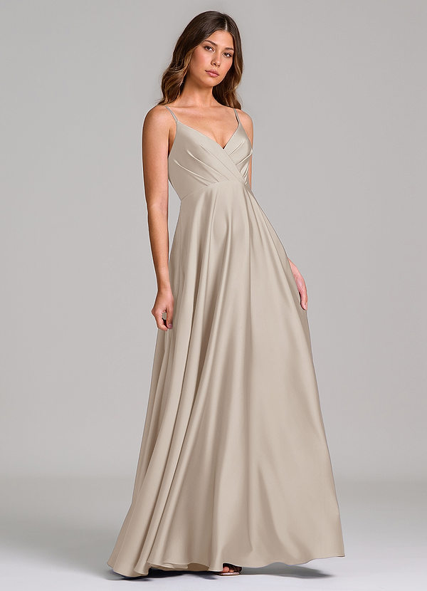 Azazie Amani Bridesmaid Dresses Frost A-Line Pleated Stretch Satin Dress image1