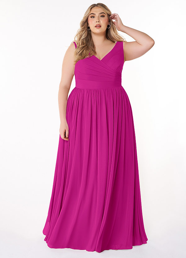 Azazie Keyla Bridesmaid Dresses Fuchsia A-Line V-Neck Pleated Chiffon Dress image1