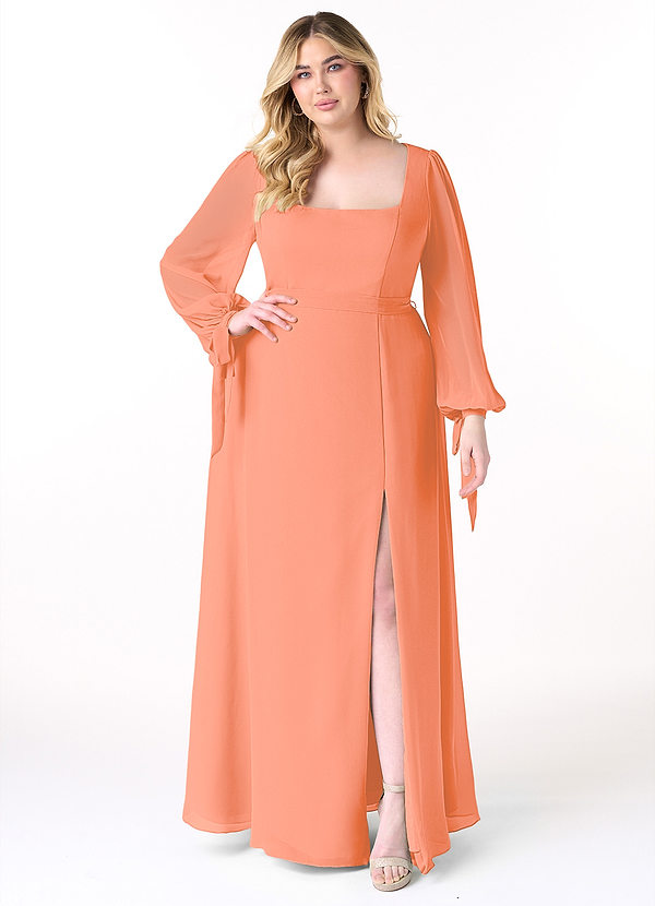 Azazie Leonia Brautjungfernkleider A-Linie Langarm Chiffon Kleid Sonnenuntergang image1