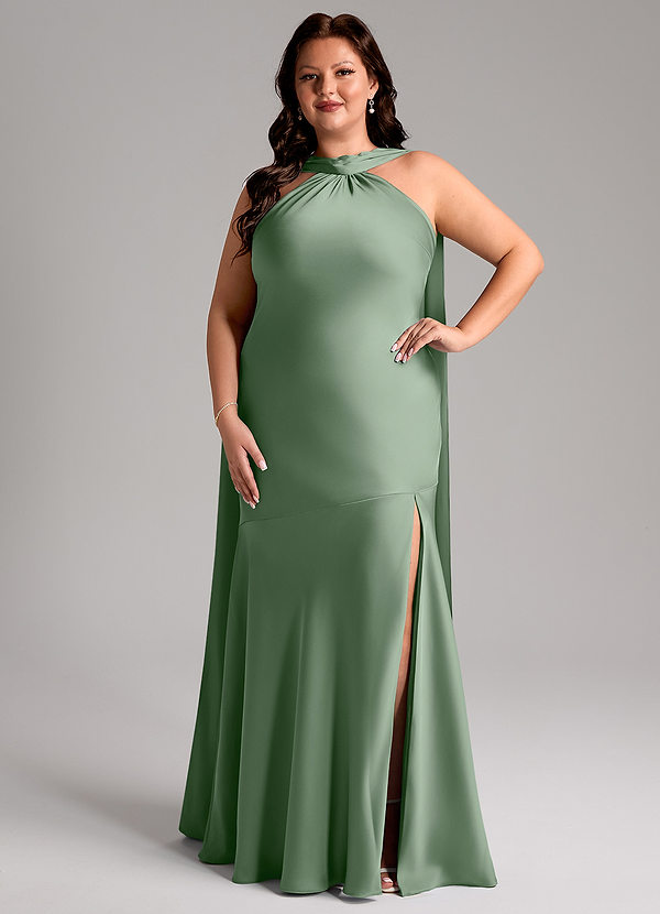 Azazie Kinsley Bridesmaid Dresses Matcha Mermaid Side Slit Stretch Satin Dress image1