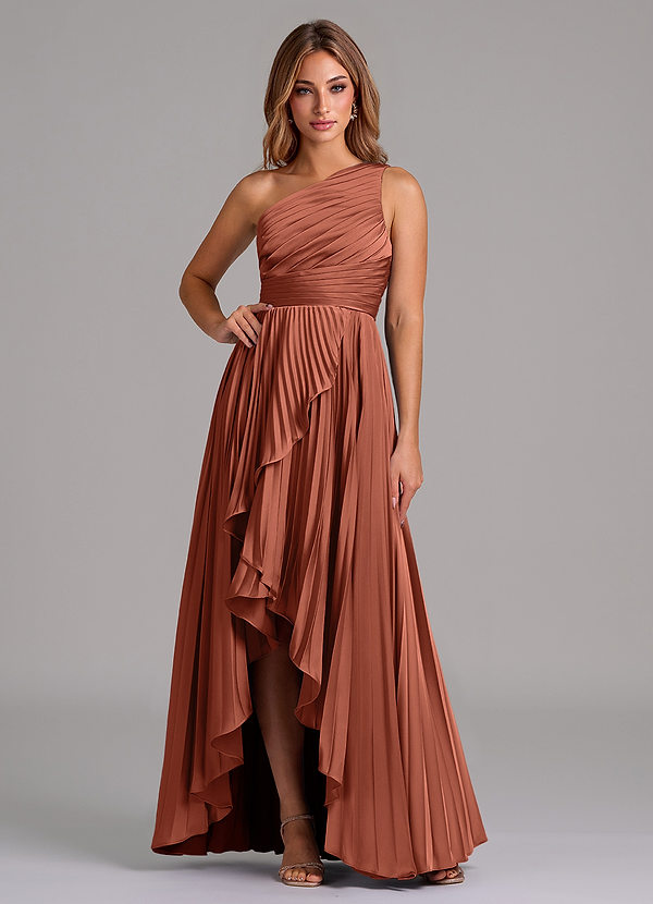 Azazie Lyrica Bridesmaid Dresses Clay A-Line One Shoulder Stretch Satin Dress image1