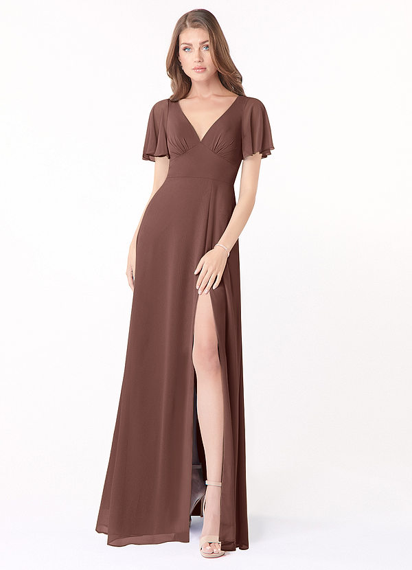 Azazie Kimber Bridesmaid Dresses Espresso A-Line Flounce Sleeve Chiffon Dress image1
