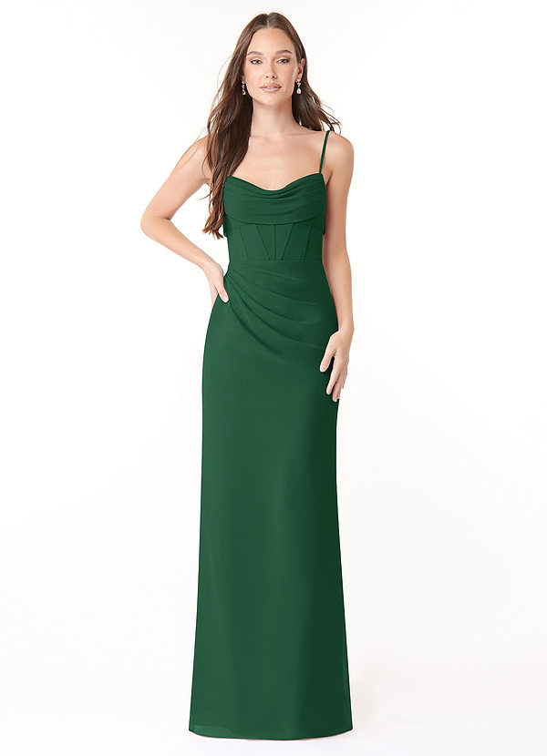 Azazie Mai Bridesmaid Dresses Dark Green Sheath Pleated Chiffon Dress image1