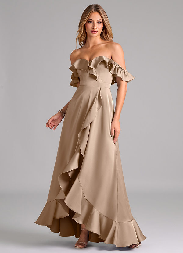 Azazie Lyra Bridesmaid Dresses Taupe A-Line Off the Shoulder Stretch Satin Convertible Dress image1