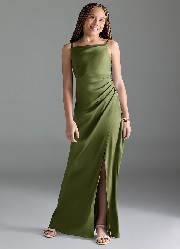 Azazie Leonis Junior Olive A-Line Pleated Stretch Satin Dress image1