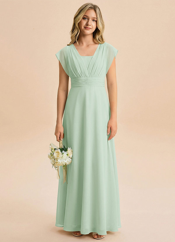 Azazie Soline Junior Jurk van Chiffon met A-Lijn Geplooid Agave image1