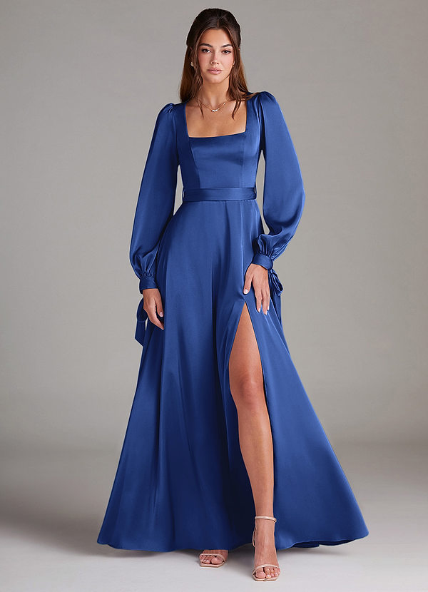 Azazie Leonia Bridesmaid Dresses Royal Blue A-Line Long Sleeve Stretch Satin Dress image1