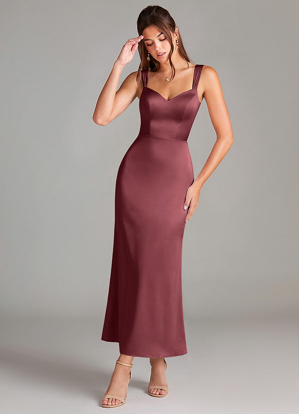 Azazie Denice Bruidsmeisjes Jurken Jurk van Stretch Satijn met Kolom Geplooid Merlot image1