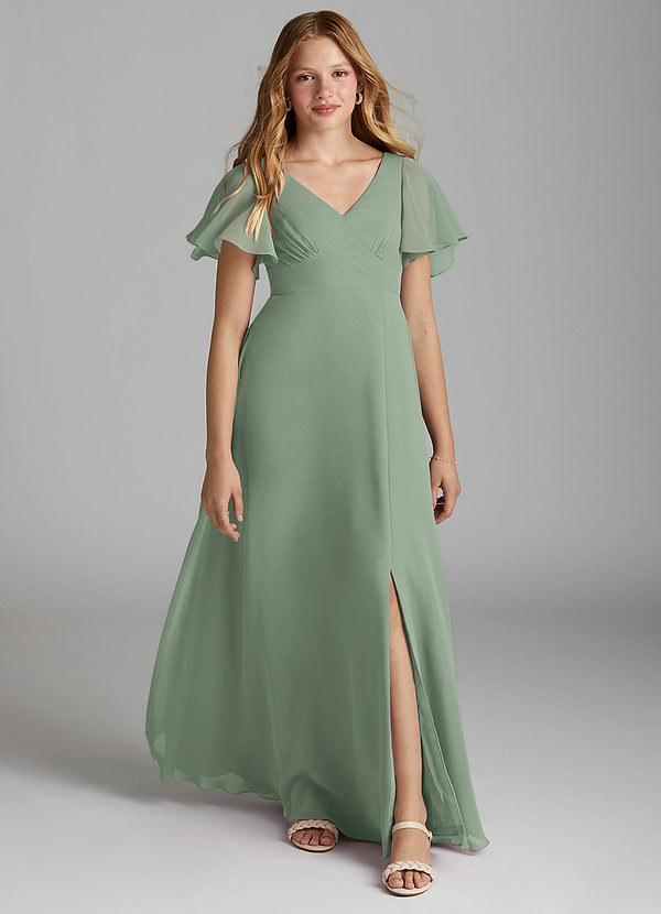 Azazie Kimber Junior Matcha A-Line Pleated Chiffon Dress image1